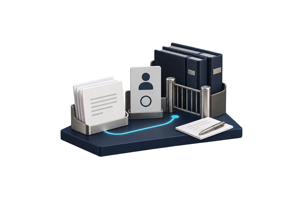 Concept drawing: open documents, an identity card and a gated shelf of binders, joined by one path.