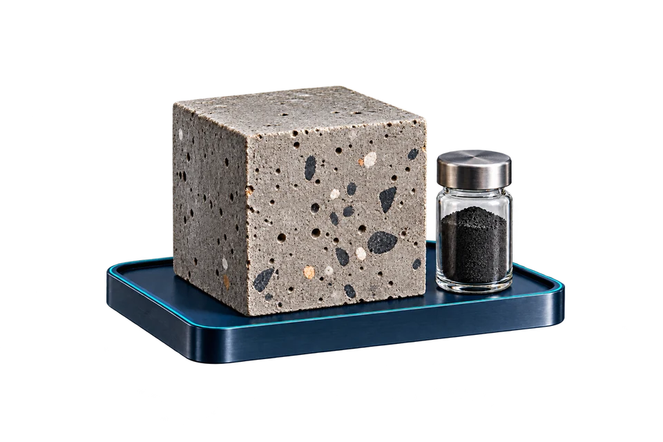 Concept drawing: a concrete cube beside a small jar of dark carbon powder.