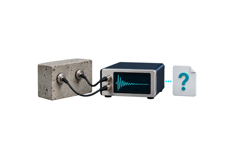 Concept drawing: an instrumented concrete block wired to a signal display, leading to a document marked with a question mark.