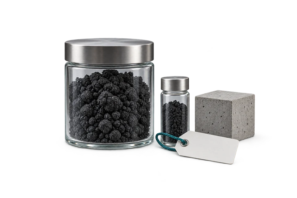 Concept drawing: jars of as-received, agglomerated carbon with a blank batch tag, beside a plain concrete cube.