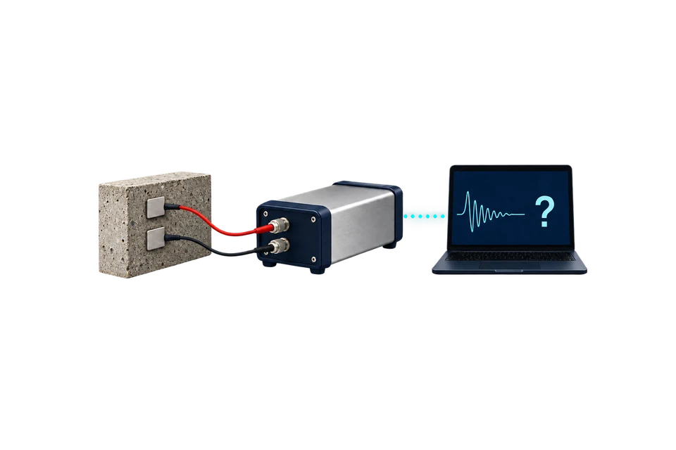 Concept drawing: a concrete block wired to an acquisition unit and a laptop showing an illustrative trace with a question mark.