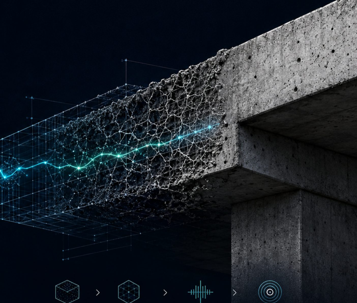 Instrumented concrete bridge girder with a modelled conductive network and a live signal path