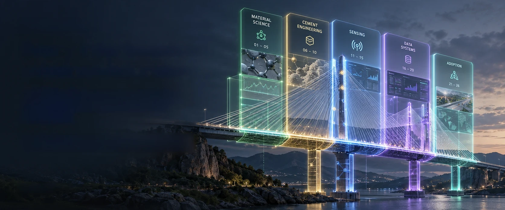 Concept illustration: a cable-stayed bridge at dusk behind five tall panels for material science, cement engineering, sensing, data systems and adoption, numbered 01 to 26.