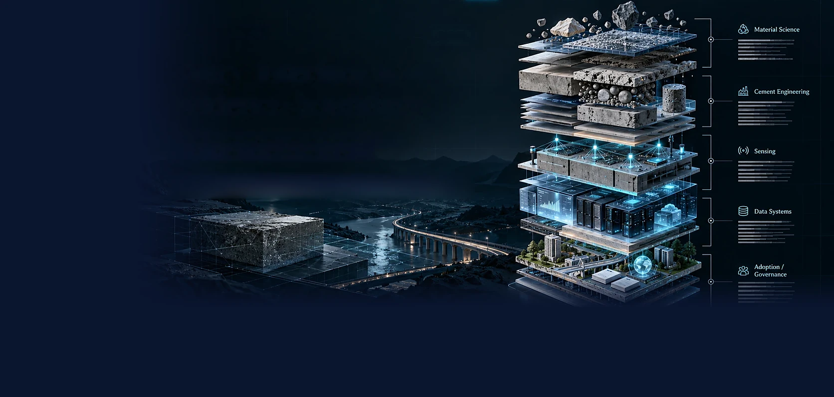 Concept illustration: the layers as an exploded stack, from raw materials and concrete through sensing and data systems to a small city, beside the five band names.
